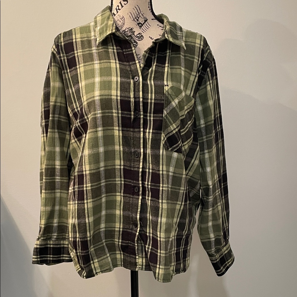 Olive and Black Plaid Flannel Button-Up Shirt